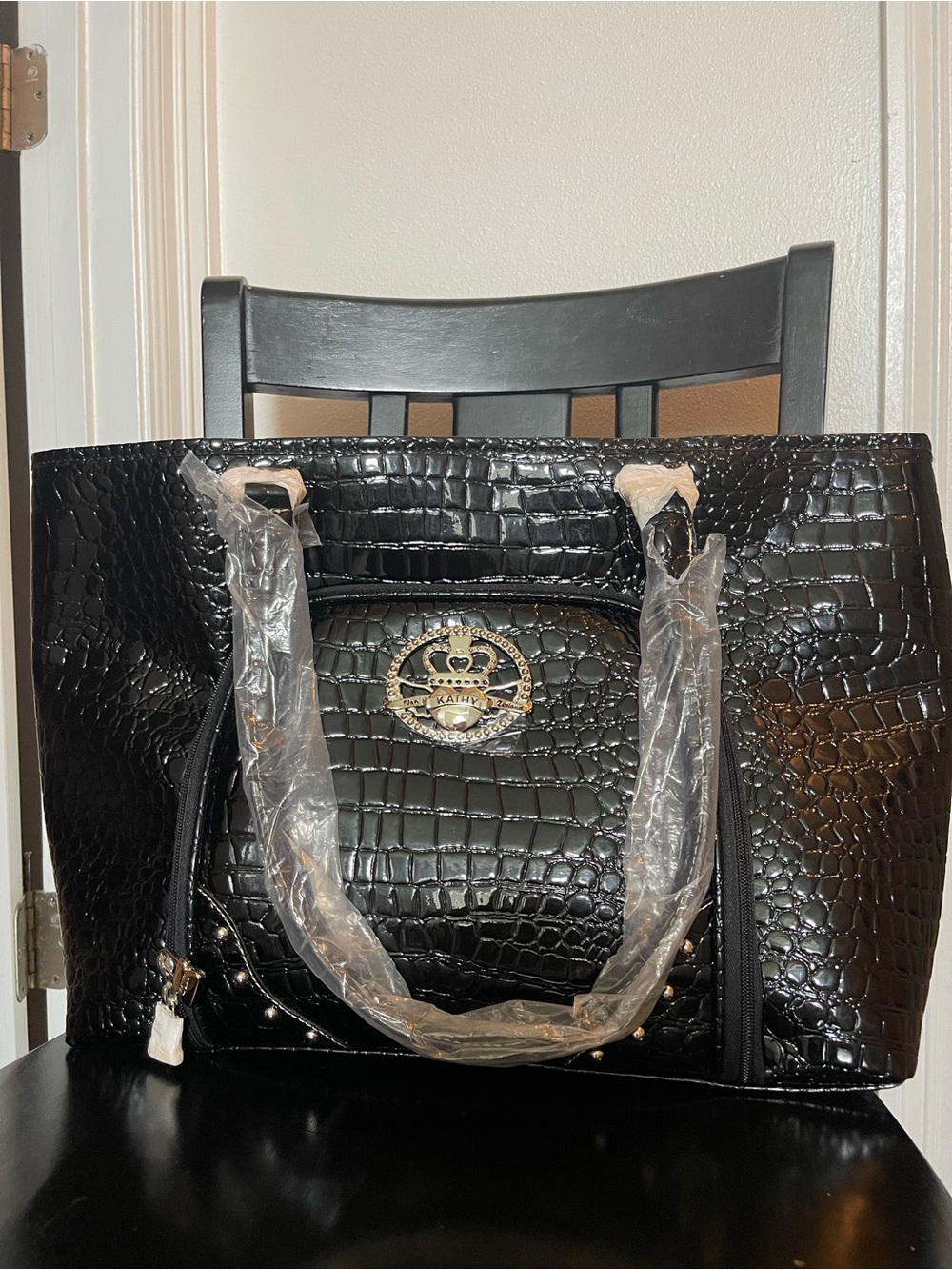 Kathy Van Zeeland Black Croc-Embossed Tote with Crown Medallion